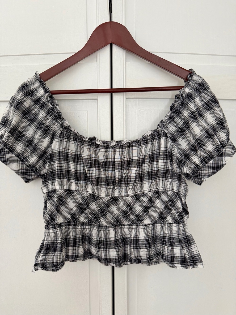 Black & White Plaid Off-Shoulder Crop Top